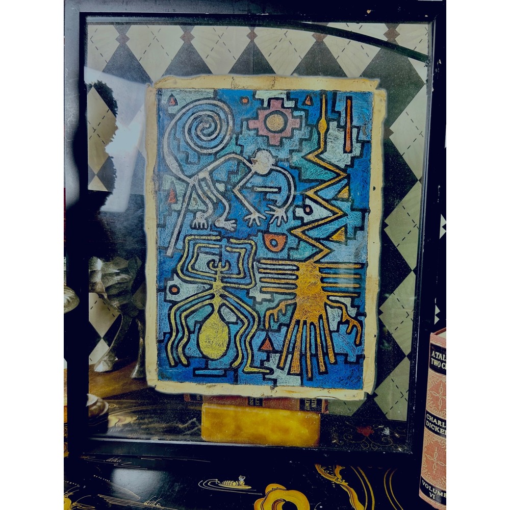 Peruvian Leather Folk Art Framed Paracas Nazca Style Cusco Painting 21x17 - Picture 15 of 17